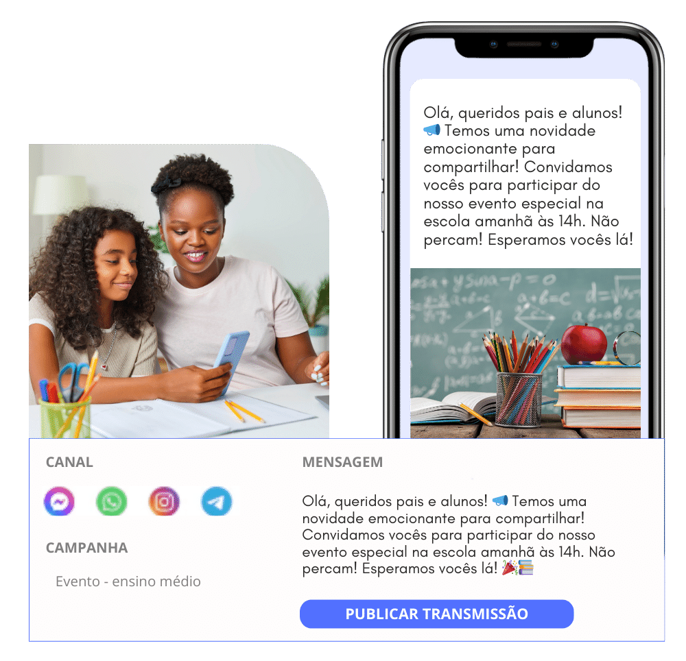 Imagem de um celular exibindo uma conversa com um chatbot, mostrando o disparo de mensagem em massa e integração.
